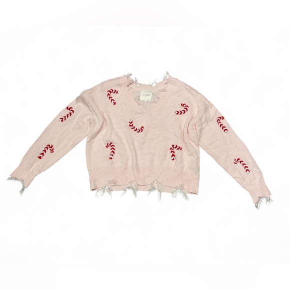 No Comment Sweaters - NO COMMENT DISTRESSED 3D CANDY CANE SWEATER
